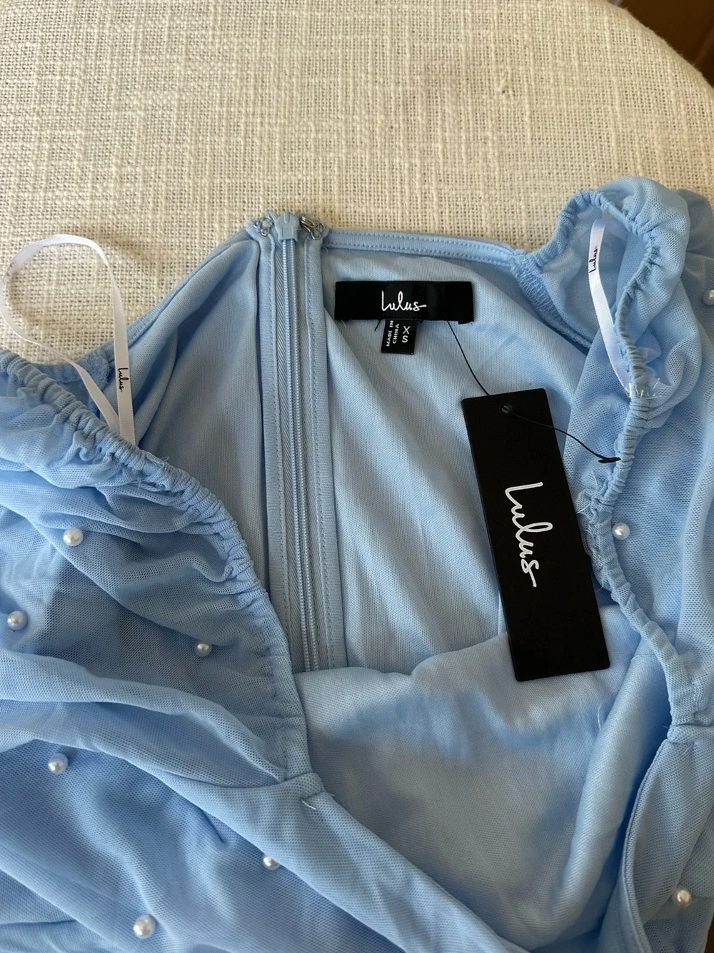 LULU'S Flirty Luxury Light Blue Mesh Pearl Long Sleeve Mini Dress